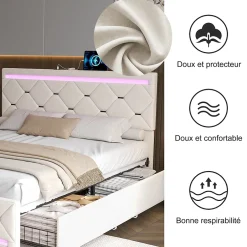 Simple Life Lit Coffre 140x190 cm, 4 tiroirs, LED, USB, Velours, Beige Hot