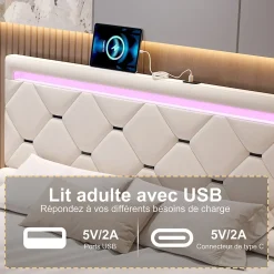 Simple Life Lit Coffre 140x190 cm, 4 tiroirs, LED, USB, Velours, Beige Hot