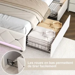 Simple Life Lit Coffre 140x190 cm, 4 tiroirs, LED, USB, Velours, Beige Hot