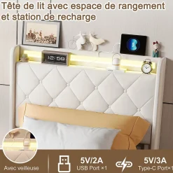 Simple Life Lit Coffre 90x200 cm avec éclairage LED et Charge USB, Lit simple Rembourré avec 2 tiroirs, Sommier à Lattes, Velours, Beige