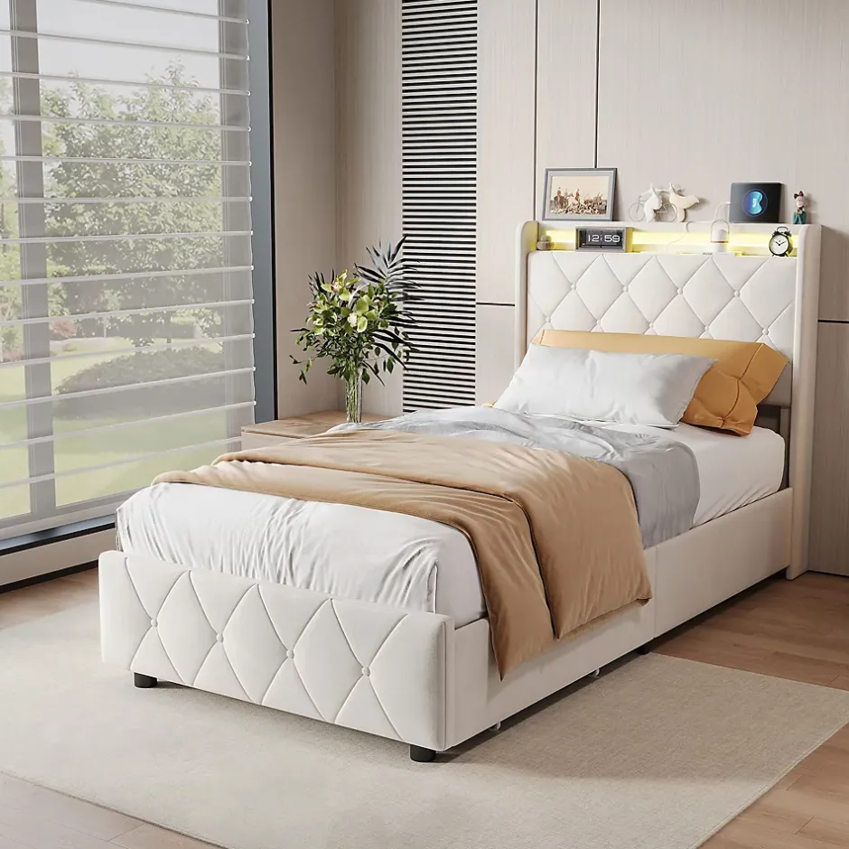 Simple Life Lit Coffre 90x200 cm avec éclairage LED et Charge USB, Lit simple Rembourré avec 2 tiroirs, Sommier à Lattes, Velours, Beige