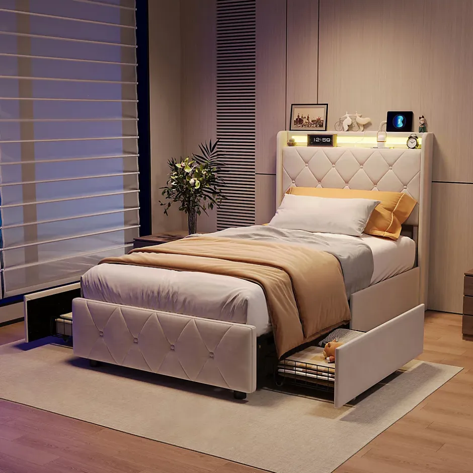 Simple Life Lit Coffre 90x200 cm avec éclairage LED et Charge USB, Lit simple Rembourré avec 2 tiroirs, Sommier à Lattes, Velours, Beige