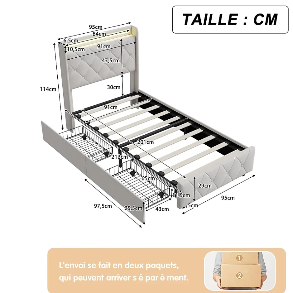 Simple Life Lit Coffre 90x200 cm avec éclairage LED et Charge USB, Lit simple Rembourré avec 2 tiroirs, Sommier à Lattes, Velours, Beige