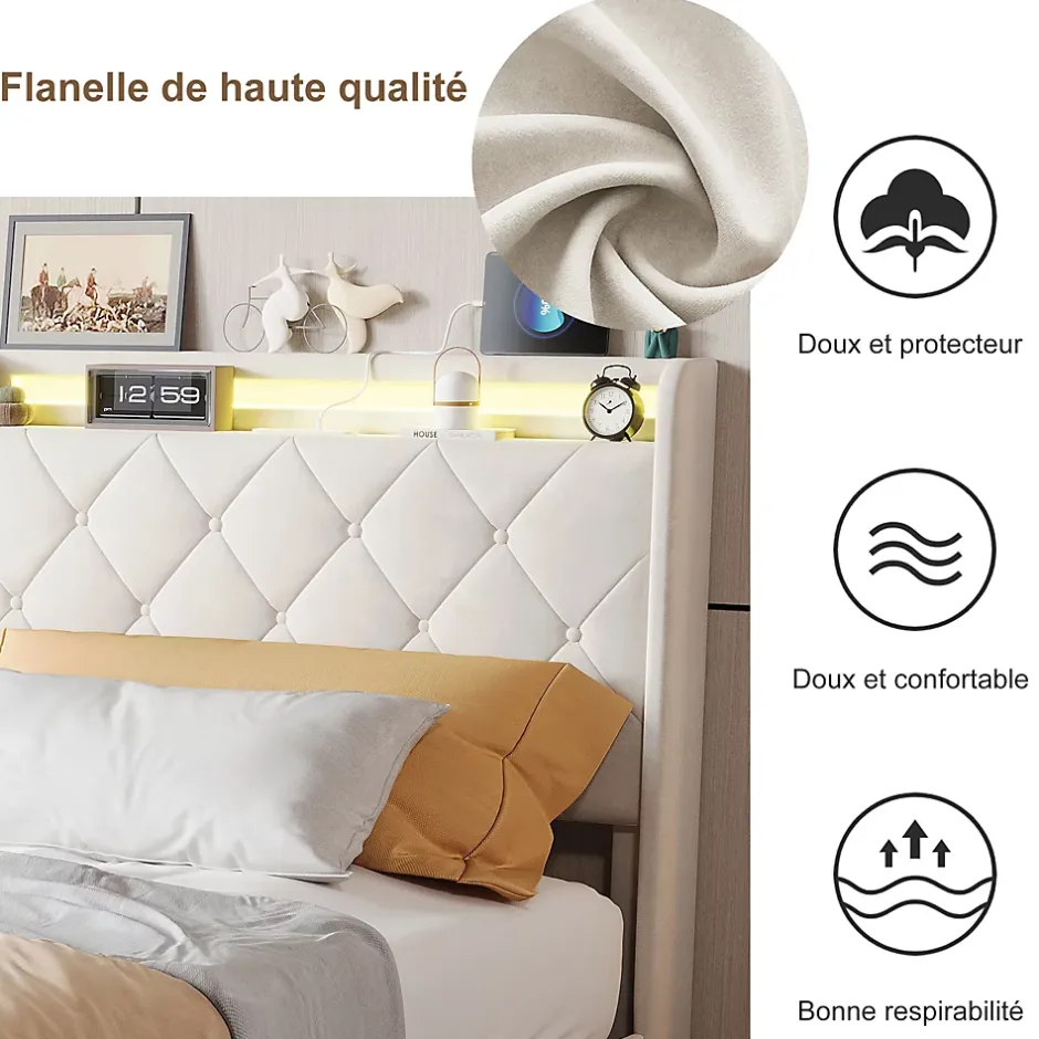 Simple Life Lit Coffre 90x200 cm avec éclairage LED et Charge USB, Lit simple Rembourré avec 2 tiroirs, Sommier à Lattes, Velours, Beige