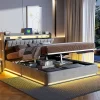 Simple Life Lit Coffre 140x190 cm avec éclairage LED et Charge USB, Lit Double avec Rangement, Sommier à Lattes, Velours, Gris