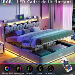 Simple Life Lit Coffre 140x190 cm avec éclairage LED et Charge USB, Lit Double avec Rangement, Sommier à Lattes, Velours, Gris