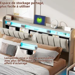 Simple Life Lit Coffre 140x190 cm avec éclairage LED et Charge USB, Lit Double avec Rangement, Sommier à Lattes, Velours, Gris
