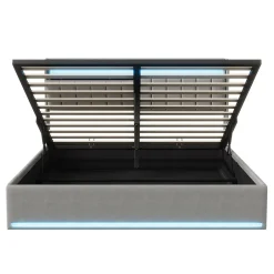 Simple Life Lit Coffre 140x190 cm avec éclairage LED et Charge USB, Lit Double avec Rangement, Sommier à Lattes, Velours, Gris