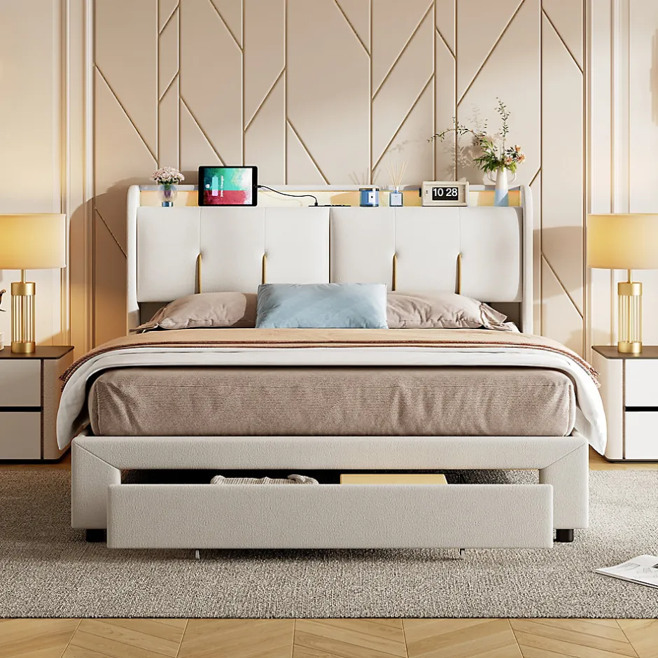 Simple Life Lit coffre 140x200 cm avec LED, sommier à lattes, USB Type-C, capitonné velours blanc
