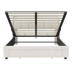 Simple Life Lit coffre 140x200 cm avec LED, sommier à lattes, USB Type-C, capitonné velours blanc