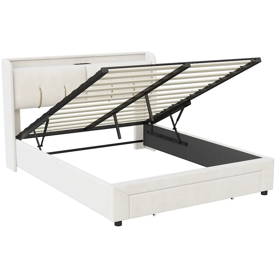 Simple Life Lit coffre 140x200 cm avec LED, sommier à lattes, USB Type-C, capitonné velours blanc