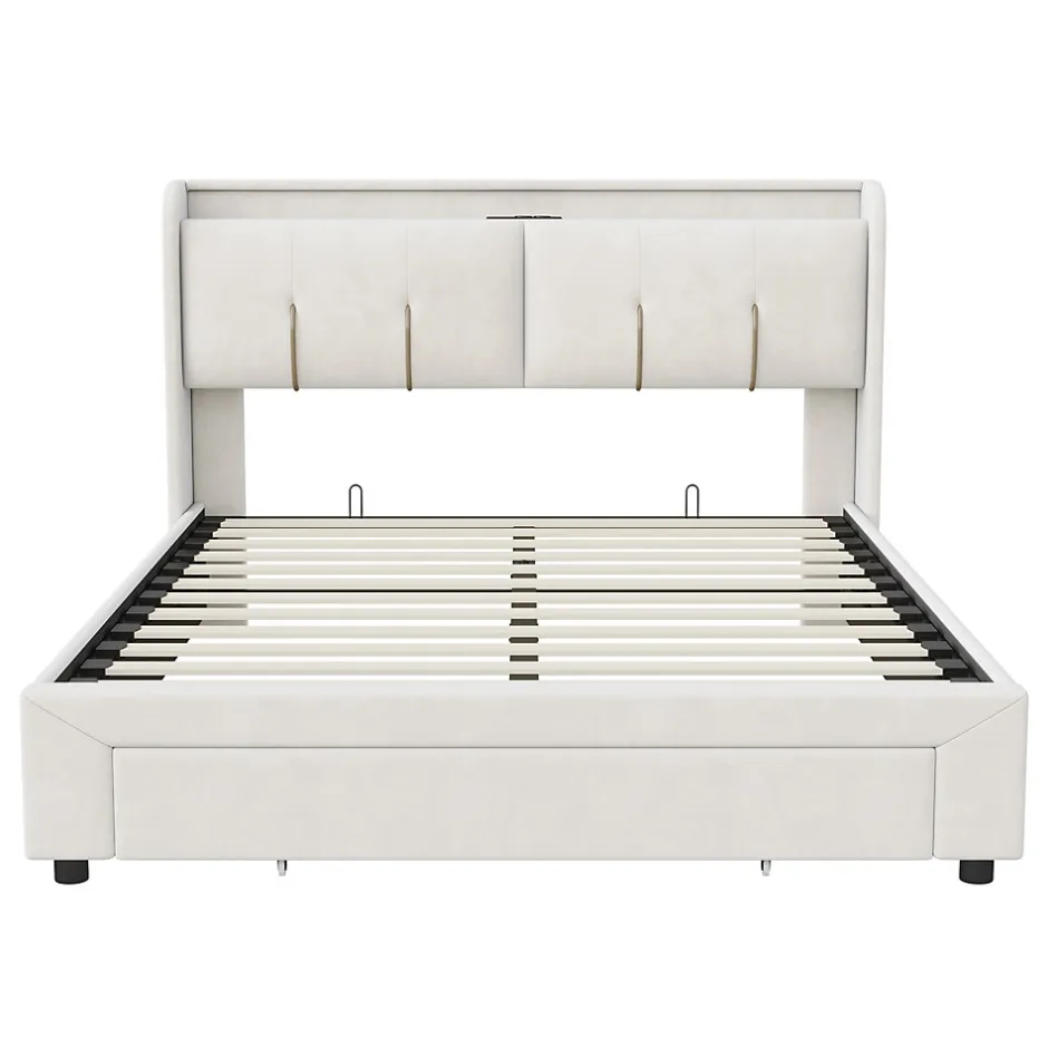 Simple Life Lit coffre 140x200 cm avec LED, sommier à lattes, USB Type-C, capitonné velours blanc