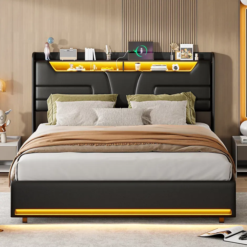 Simple Life Lit Coffre 140x200 cm, avec LED et USB, Lit Double Rembourre, avec Rangement, Tete de Lit, PU, Noir New