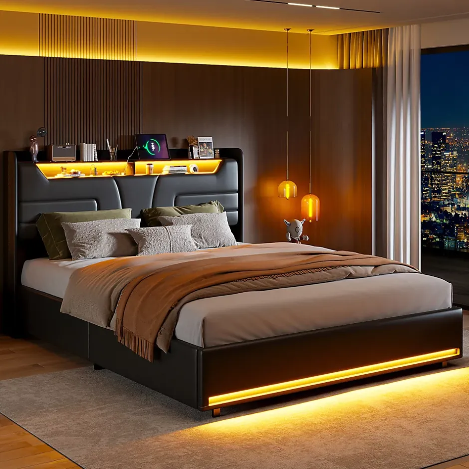 Simple Life Lit Coffre 140x200 cm, avec LED et USB, Lit Double Rembourre, avec Rangement, Tete de Lit, PU, Noir New