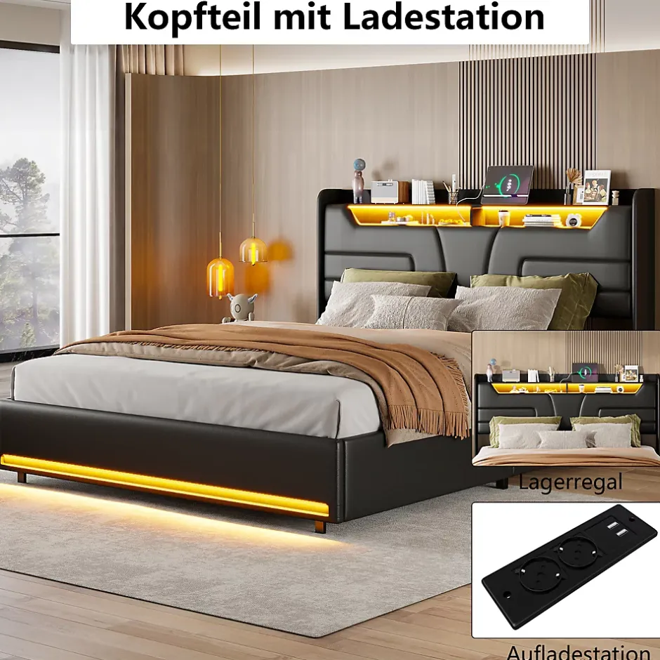 Simple Life Lit Coffre 140x200 cm, avec LED et USB, Lit Double Rembourre, avec Rangement, Tete de Lit, PU, Noir New