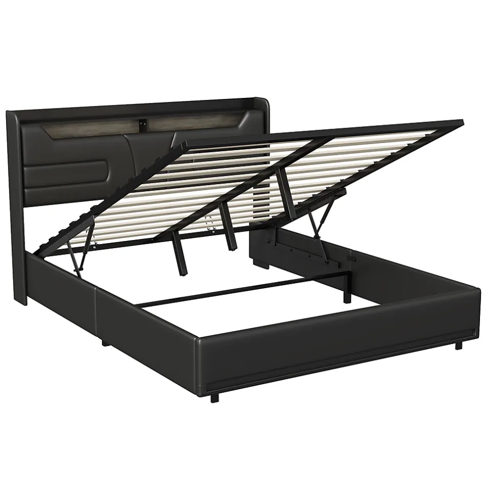 Simple Life Lit Coffre 140x200 cm, avec LED et USB, Lit Double Rembourre, avec Rangement, Tete de Lit, PU, Noir New