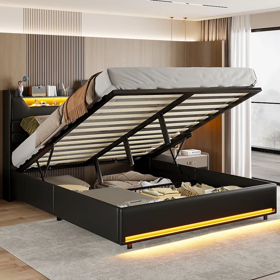 Simple Life Lit Coffre 140x200 cm, avec LED et USB, Lit Double Rembourre, avec Rangement, Tete de Lit, PU, Noir New