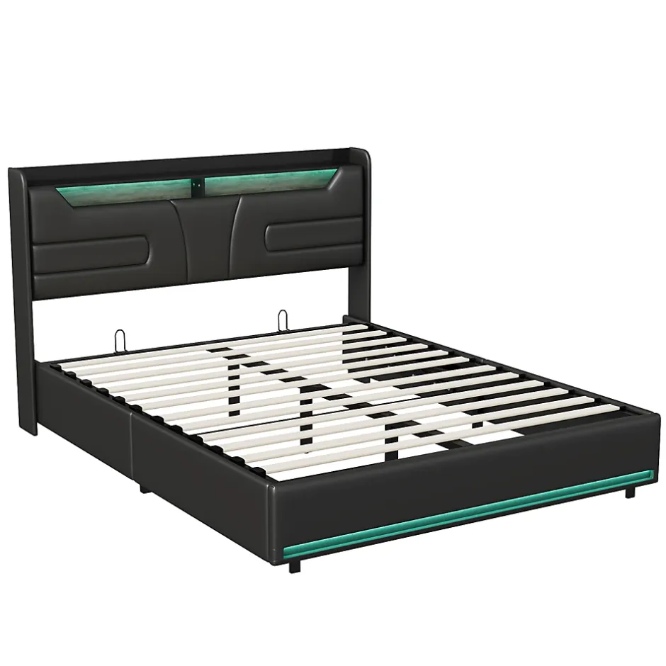 Simple Life Lit Coffre 140x200 cm, avec LED et USB, Lit Double Rembourre, avec Rangement, Tete de Lit, PU, Noir New