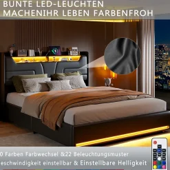 Simple Life Lit Coffre 140x200 cm, avec LED et USB, Lit Double Rembourre, avec Rangement, Tete de Lit, PU, Noir New