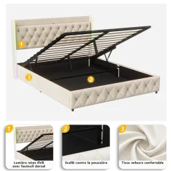 Simple Life Lit Coffre 160x200 cm, avec LED et USB, Lit Double Rembourre, avec Rangement, Tete de Lit, Velours, Beige