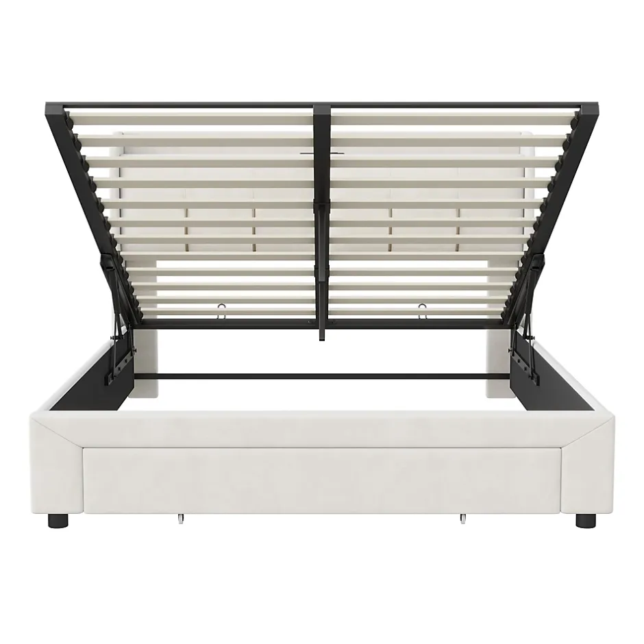 Simple Life Lit coffre 140x200 cm avec LED, sommier à lattes, USB Type-C, capitonné velours blanc Online