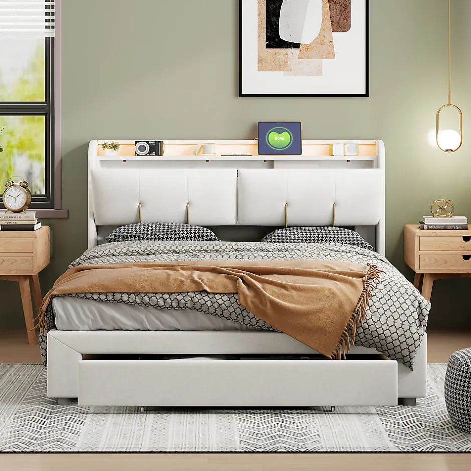 Simple Life Lit coffre 140x200 cm avec LED, sommier à lattes, USB Type-C, capitonné velours blanc Online