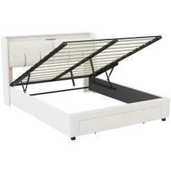Simple Life Lit coffre 140x200 cm avec LED, sommier à lattes, USB Type-C, capitonné velours blanc Online