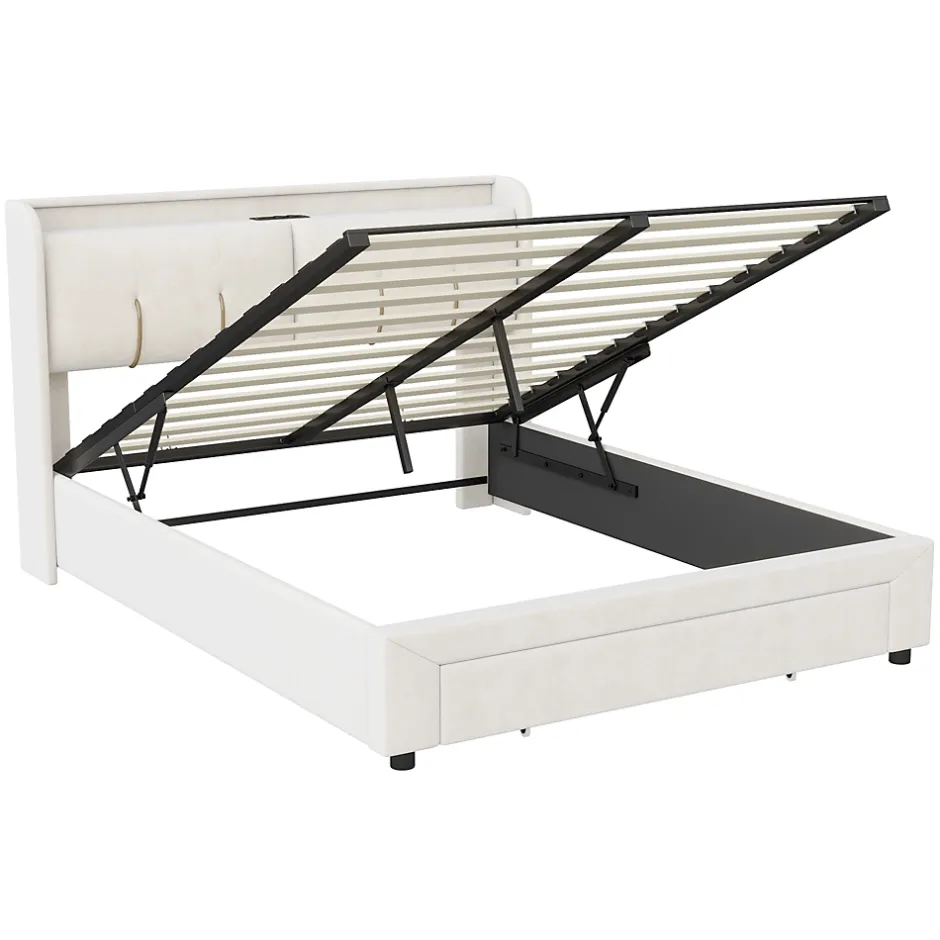 Simple Life Lit coffre 140x200 cm avec LED, sommier à lattes, USB Type-C, capitonné velours blanc Online