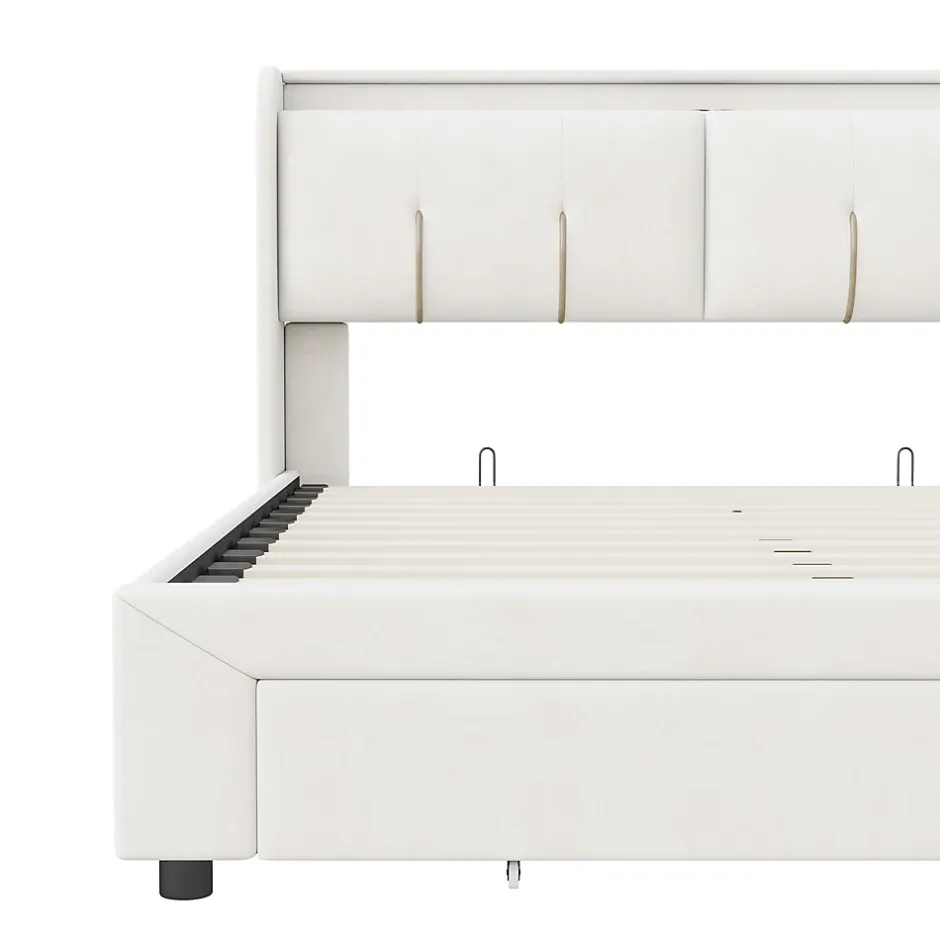 Simple Life Lit Coffre 140x200 Cm Avec LED, Sommier à Lattes, USB Type-c, Capitonné Velours Blanc