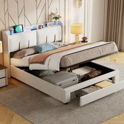 Simple Life Lit Coffre 140x200 Cm Avec LED, Sommier à Lattes, USB Type-c, Capitonné Velours Blanc