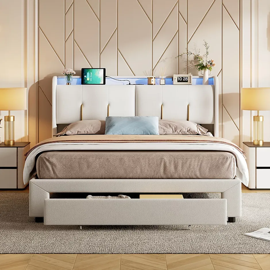 Simple Life Lit Coffre 140x200 Cm Avec LED, Sommier à Lattes, USB Type-c, Capitonné Velours Blanc