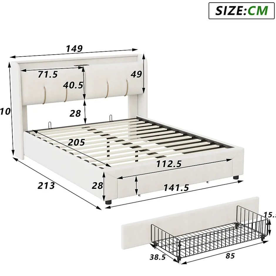 Simple Life Lit Coffre 140x200 Cm Avec LED, Sommier à Lattes, USB Type-c, Capitonné Velours Blanc