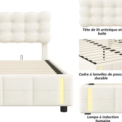 Simple Life Lit coffre 160x200 cm avec rangement, capitonné velours beige, sommier LED, lattes