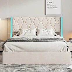 Simple Life Lit Coffre 140x200 cm avec Rangement et LED, Cadre de lit avec Sommier à Lattes, Velours, Beige