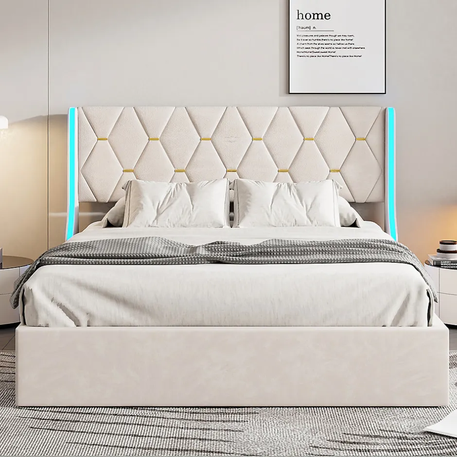 Simple Life Lit Coffre 140x200 cm avec Rangement et LED, Cadre de lit avec Sommier à Lattes, Velours, Beige