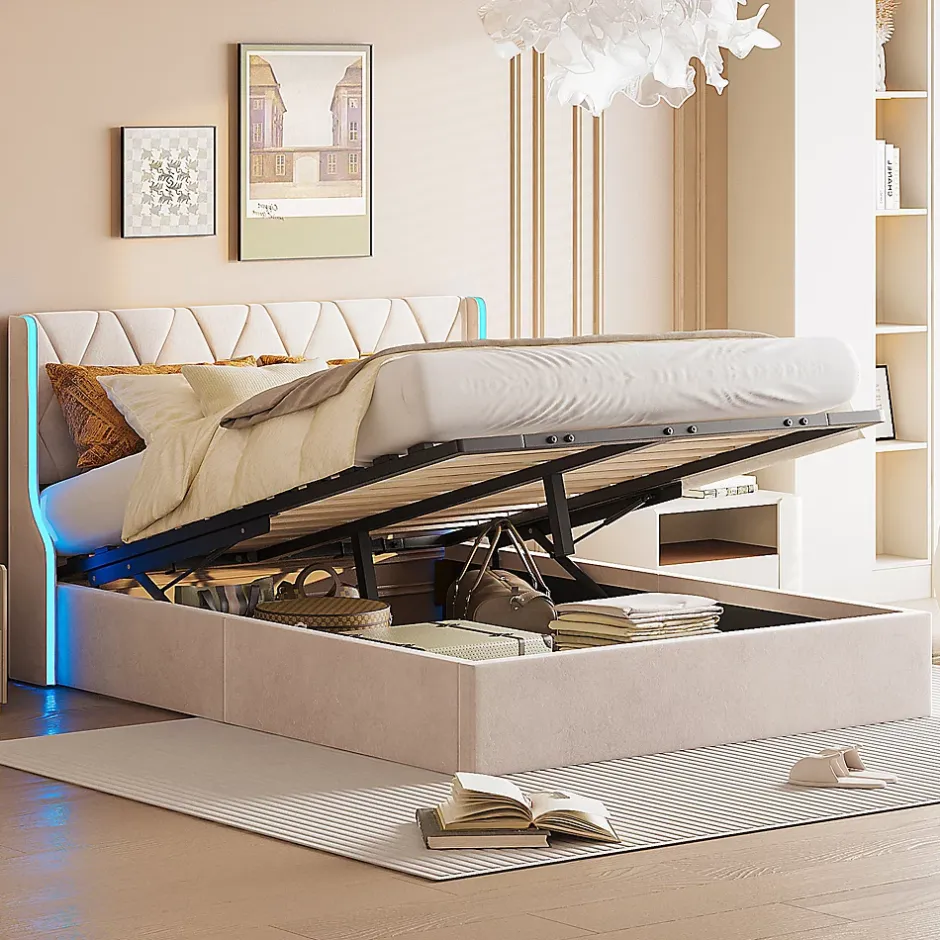 Simple Life Lit Coffre 140x200 cm avec Rangement et LED, Cadre de lit avec Sommier à Lattes, Velours, Beige