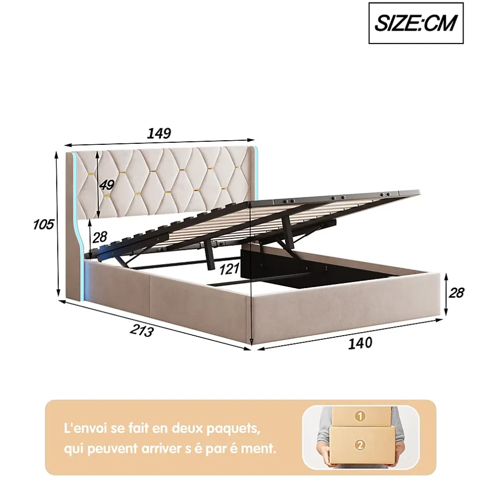 Simple Life Lit Coffre 140x200 cm avec Rangement et LED, Cadre de lit avec Sommier à Lattes, Velours, Beige