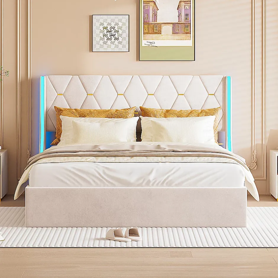 Simple Life Lit Coffre 140x200 cm avec Rangement et LED, Cadre de lit avec Sommier à Lattes, Velours, Beige