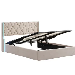 Fortuna lai Lit Coffre 160x200 cm avec Rangement et LED,Cadre de lit avec sommier à Lattes,Velours,Beige Outlet