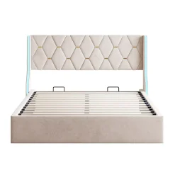 Fortuna lai Lit Coffre 160x200 cm avec Rangement et LED,Cadre de lit avec sommier à Lattes,Velours,Beige Outlet