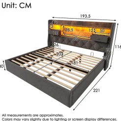 Okwish Lit coffre 180x200 cm avec rangement et tête de lit LED, ports USB et Type-C intégrés - lit double capitonné gris