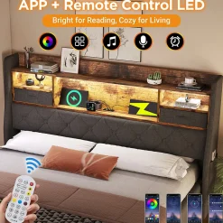 Okwish Lit coffre 180x200 cm avec rangement et tête de lit LED, ports USB et Type-C intégrés - lit double capitonné gris