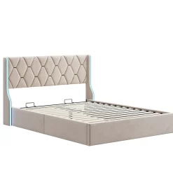 Simple Life Lit Coffre 160x200 Cm Avec Rangement Et LED,cadre De Lit Avec Sommier à Lattes,velours,beige
