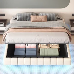 Okwish Lit Coffre 180x200 cm avec Sommier Relevable - Lit Double avec Rangement et Bande LED Intégrée - Tissu Beige - Sans Matelas