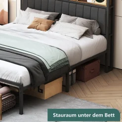 ProximaX Lit Coffre 160x200 cm avec sommier à lattes, LED, 2 tiroirs, tête de lit capitonnée en PU, cadre métallique robuste