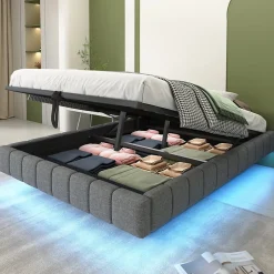 Okwish Lit Coffre 140x200 cm avec Sommier Relevable - Lit Double avec Rangement et Bande LED Intégrée - Tissu Gris - Sans Matelas