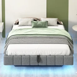 Okwish Lit Coffre 140x200 cm avec Sommier Relevable - Lit Double avec Rangement et Bande LED Intégrée - Tissu Gris - Sans Matelas