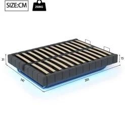 Okwish Lit Coffre 140x200 cm avec Sommier Relevable - Lit Double avec Rangement et Bande LED Intégrée - Tissu Gris - Sans Matelas