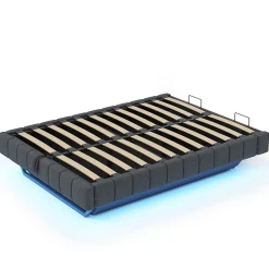 Okwish Lit Coffre 140x200 cm avec Sommier Relevable - Lit Double avec Rangement et Bande LED Intégrée - Tissu Gris - Sans Matelas