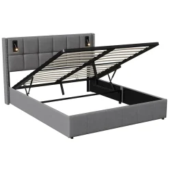 Simple Life Lit coffre 160x200 cm avec sommier à lattes, lit rembourré avec port USB et Type-C, LED, velours, gris Best